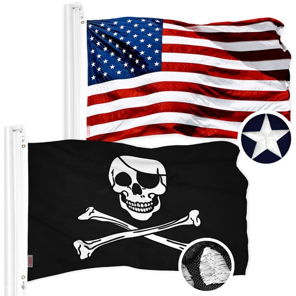 G128 Combo Pack: American USA Flag 16x24 In & Pirate Jolly Roger Bones Flag 16x24 In | Both ToughWeave Series Embroidered 300D Polyester, Embroidered Design, Indoor/Outdoor, Brass Grommets