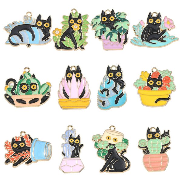 KitBeads 24pcs Enamel Black Cat Charms Mixed Styles Animal Potted Plant Charms Kawaii Cartoon Pet Kitten Charms for Jewelry Making Bulk