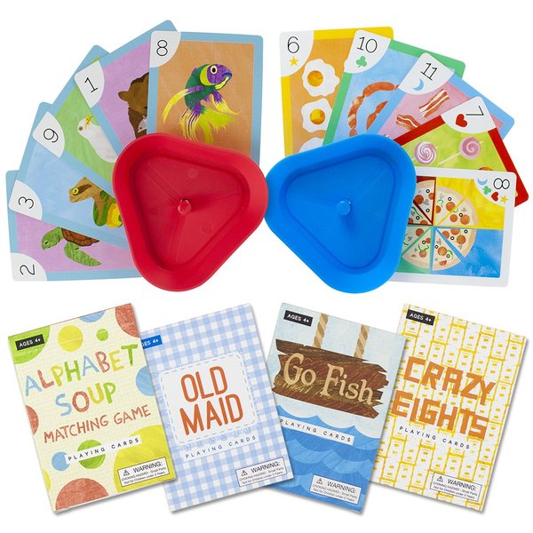 Imagination Generation Set of 4 Classic Children's Card Games with 2 Hands-Free Playing Card Holders – Includes Old Maid, Go Fish!, Crazy Eights, & Alphabet Soup Matching Game