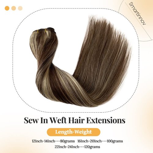 Blonde Highlights Sew in Human Hair Extensions Full Head Weft Extensions 22 Inch 120gram Thick End Sew in Weft Hair Silky Straight Brown with Blonde Highlight Remy Hair Balayage Bundles for Women