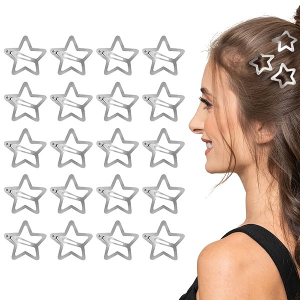20PCS Star Hair Clips, Star Clips, 2000s Y2k Hair Clips, Non Slip Star Hairclips, Silver Star Hair Clips for Women Girls Silver Metal Snap Hair Clips