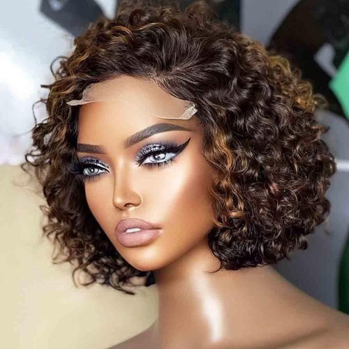 QUINLUX WIGS Short Bob Curly Human Hair Highlight Wigs Pre Plucked 13X4 HD Lace Front Wigs Brazilian Hair Pixie Cut Curly Glueless Wigs For Black Woman 150% Density #1B/27 Short Deep Wave Wig 8Inch