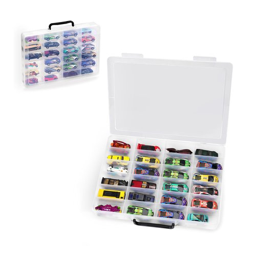 RHCOM Toy Storage Organizer Case for Hot Wheels Car, for Matchbox Cars, for Mini Toys, for Small Dolls. Carrying Box Container Carrier with 24 Compartments (Box Only) (Transparent)