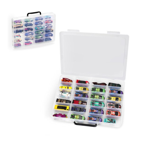RHCOM Toy Storage Organizer Case for Hot Wheels Car, for Matchbox Cars, for Mini Toys, for Small Dolls. Carrying Box Container Carrier with 24 Compartments (Box Only) (Transparent)