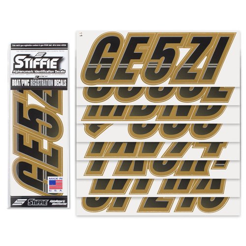 STIFFIE Techtron Black/Metallic Gold 3" Alpha-Numeric Registration Identification Numbers Stickers Decals for Boats & Personal Watercraft