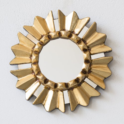 Decorative Small Round mirror for wall decor living room | Peruvian Hand-carved Wood silver leaf hanging mirror home decor (Gold)