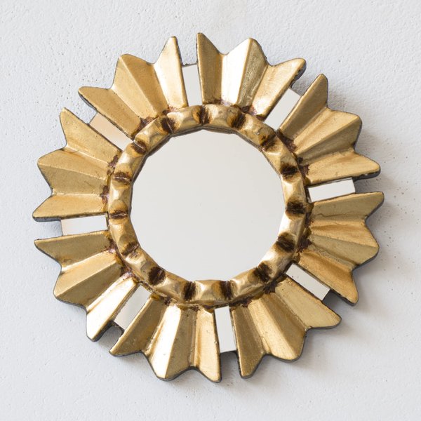 Decorative Small Round mirror for wall decor living room | Peruvian Hand-carved Wood silver leaf hanging mirror home decor (Gold)