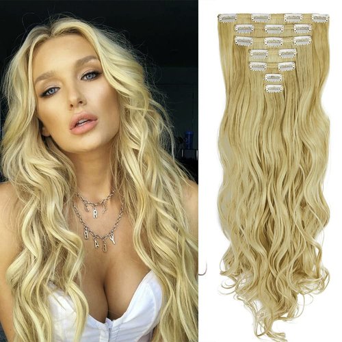 24 Inch Wavy Curly Full Head Clip in on Double Weft Hair Extensions 7Pcs 16 Clips in Synthetic Hair Extensions Dark Brown To Bleach Blonde (160G/Set)