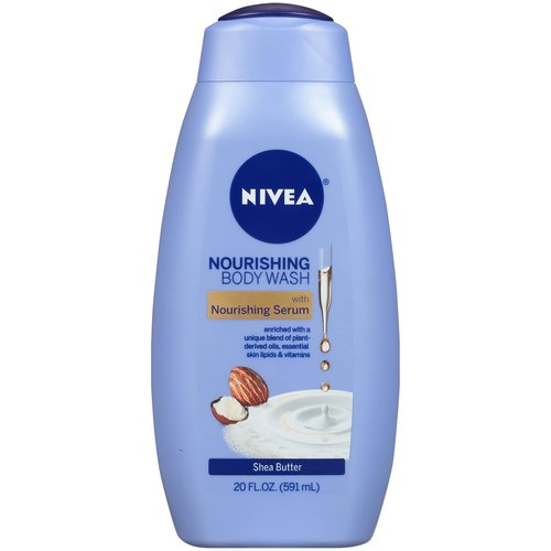 NIVEA Shea Butter Nourishing Body Wash, Moisturizing Body Wash with Nourishing Serum, Plant-Derived Oils, Essential Skin Lipids and Vitamins, 20 Fl Oz Bottle