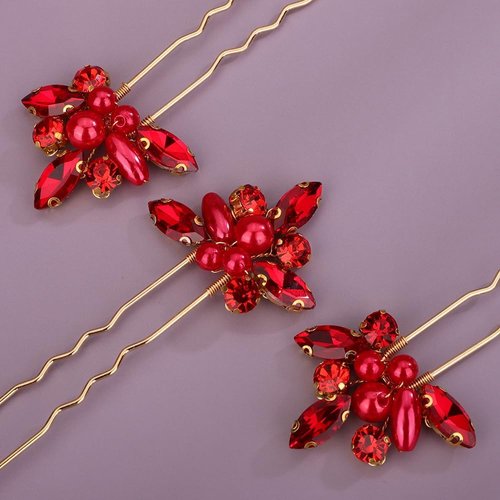 Rumtock 6pcs Red Rhinestones Hair Pins Set for Women Girls Wedding Bridal Hair Styling Jewelry Handmade Hair Piece (Red)