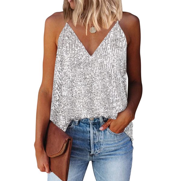 miduo Women's Tank Tops Summer Casual Fashion Sequin V Neck Strappy Tanks Tops Cami Shirts Sleeveless Tops Blouses for Women Silver M