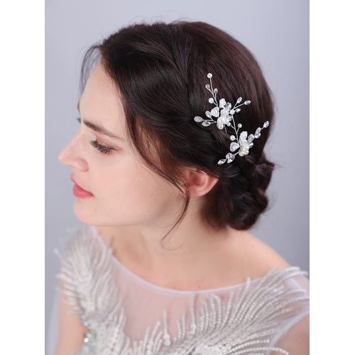 JWICOS Pearl Bridal Hair Pins Silver Crystal Bride Hair Piece Wedding Flower Hair Accessories for Women and Girls (Pack of 2)