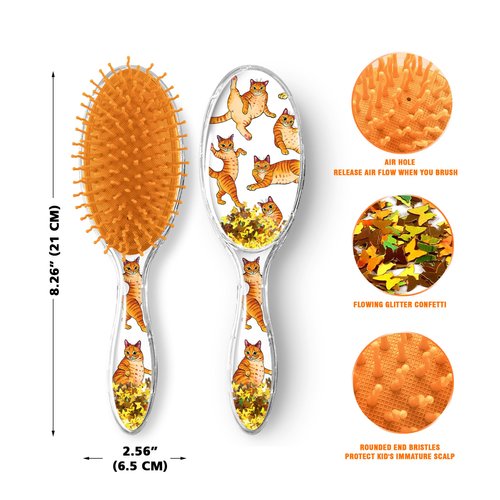 WIRESTER Oval Glitter Hair Brush For All Hair Types, Comb Hair Brush for Girls Women, Detangle Hairbrush Suitable for Wet and Dry Hair - Orange Tabby Cat Funny Playful Postures