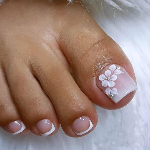 ASONRL French Tip Press On Toenails, 24 Pcs Short Square Toe Press On Nails with Flower Accents, Solid Pink Gradient Full Cover Fake Toenails Glue On Toe Nails Kit for Women-Gradient French Flower