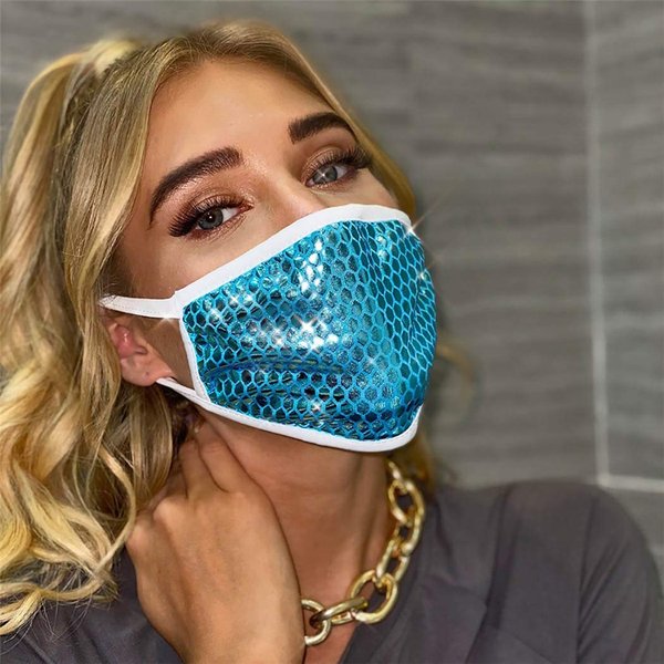 Abien Sequins Face Cover Glitter Face Mask Outdoor Nightclub Mouth Covering for Women and Girls (Blue white edge)