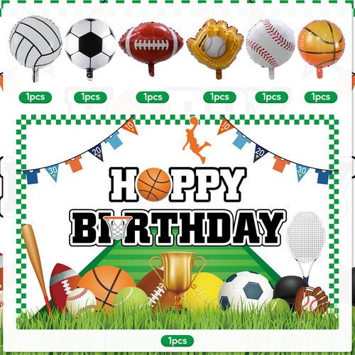 95Pcs Sports Balloon Garland Kit, Baseball Basketball Soccer Volleyball Football Balloons Sports Foil Balloons with Sports Backdrop for Sports Birthday Party Supplies Decoration (Happy Birthday)