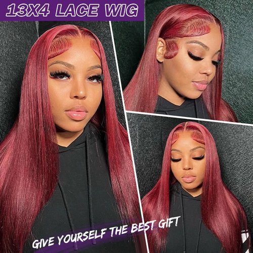 Mayouda 13x4 HD Red Lace Frontal Wig for Black Women Long Straight Lace Wigs With Baby Hairline Synthetic Pre Plucked Wigs Brazilian Virgin Hair Burgundy Lace Front Wigs (30Inch, Burgundy)