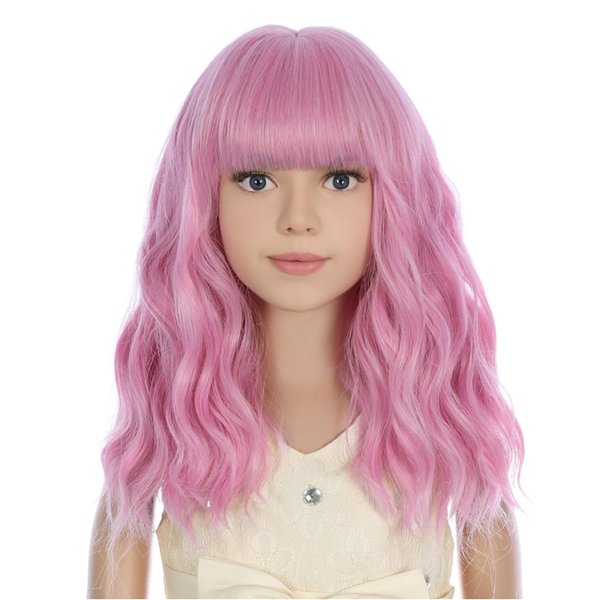 PATTNIUM Light Pink Wig Kids Short Wavy Wig Pink Wig with Bangs Girls Pink Wig Synthetic Wig Cosplay Costume Wig (Light Pink)