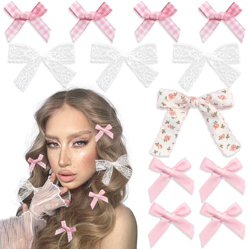 YAEISM Pink Bow Clips 12PCS Coquette Bows Hair Ribbon Floral Bow Hair Clips Lace Hair Bows Plaid Mini Bow for Hair Girls Cute Y2k Hair Barrettes