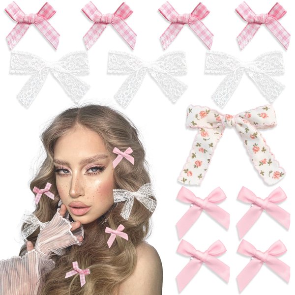 YAEISM Pink Bow Clips 12PCS Coquette Bows Hair Ribbon Floral Bow Hair Clips Lace Hair Bows Plaid Mini Bow for Hair Girls Cute Y2k Hair Barrettes