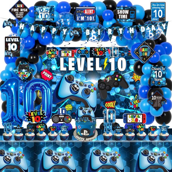 KOTLMIGHT 10th Birthday Decorations for Boys, 149Pcs Blue Video Game level 10 Party Supplies for Boy 10th Birthday - Backdrop, Banner, Balloons, Tablecloth, Centerpieces, Hanging Swirls, Wall Signs