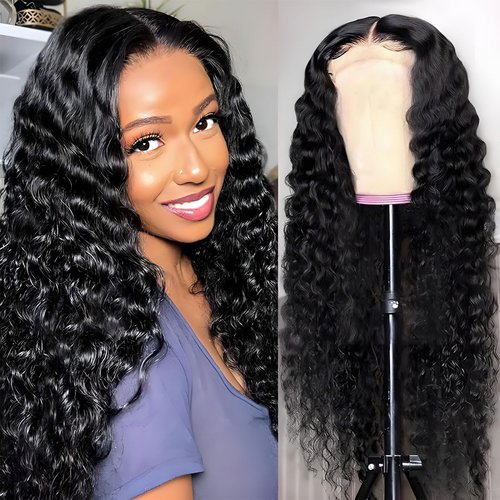 Wavy Lace Front Wigs Deep Wave 180% Density Pre Plucked Brazilian Wet and Natural Color Glueless Wigs Curly Lace Frontal Wigs with Baby Hair Human Hair Natural Hairline for Black Women (30 Inch)