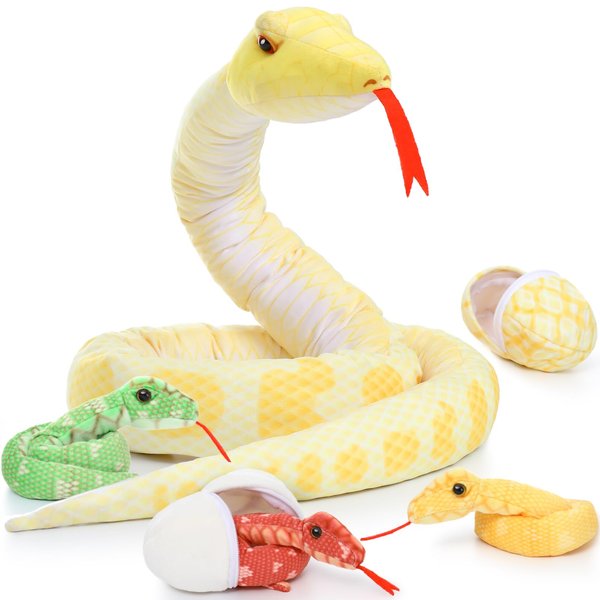 MorisMos Giant Snake Stuffed Animal Mommy with Babies, Realistic Stuffed Snakes Plush Toy, 80" Long Yellow Boa Constrictor for Kids, Girls, Boys, 3 Snake Babies, 2 Snake Eggs