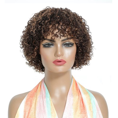 Short Wigs for Black Women Short Bob Curly Human Hair Wigs 150% Density Brown Mix Auburn Regular Wig Machine Made Glueless Short Human Hair Wig for African American Women