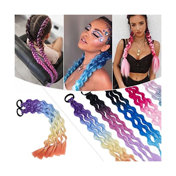 Hairro Colored Braids Hair Extension with Rubber Band Rainbow Braided Synthetic Hairpieces Ponytail for Women Kids Girls Party Highlight 20 Inch 2pcs/Pack Purple to Light Blue to Yellow to Orange