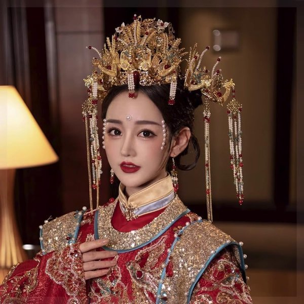 Getrelax Chinese Wedding Bride Hair Accessory Chinese Crown Wedding Hair Accessories Golden Flower Floral Beaded Flapper Headband Jeweled Bridal Wedding Tiara (Phoenix)