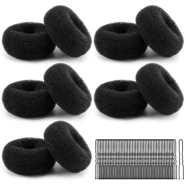 MAGDIY 10 Pcs Hair Bun Maker Medium Hair Donuts for Buns, Black Ballet Bun Kit with 50pcs U Shaped Hair Pins and 10pcs Sock Bun for Women Girls Short & Thin Hair (Size M-3.15 inch, Brown)