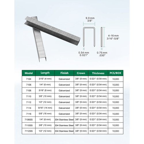 meite 22G71S38 22 Gauge 71 Series 3/8" Crown Wide 3/8" Leg Length Galvanized Staples for Upholstery Stapler 10,020 PCS/Box (1 Box)
