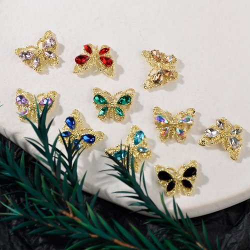 WEILUSI 20PCS Gold Butterfly Nail Charms 3D Alloy Butterfly Nail Rhinestones Shine Nail Gem Jewelry Nail Butterfly Charms for Acrylic Nails DIY Craft Manicure Nail Art Decorations(10 Colors)