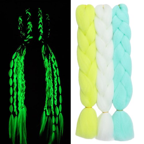 Orgwigs Jumbo Braiding Hair Extensions Kanekalon Braids Hair Colored Hair Extensions for Braiding 24inch 3pcs Glow in the Dark Hair Muticolor Kanekalon Braiding Hair(White/Yellow/Light Green)