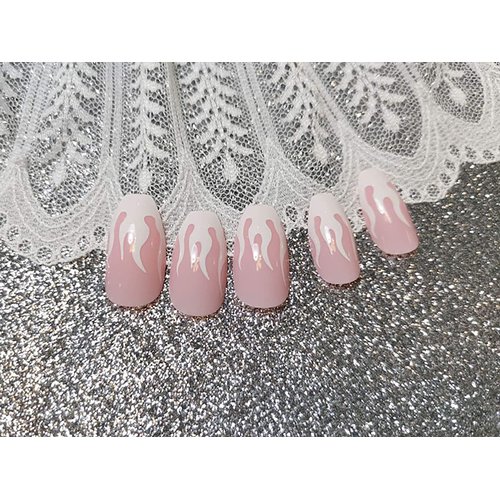 BABALAL 24Pcs Medium Coffin Fake Nails Pink White Flame False Nails Glossy Ballerina Press on Nails for Women and Girls