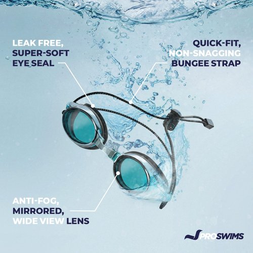 Proswims Anti-Fog Racing Swimming Goggles Blue Lens with Quick Adjustable Elastic Bungee Strap, Hard Case and Bonus Swim Goggles Microfiber Cleaning Cloth