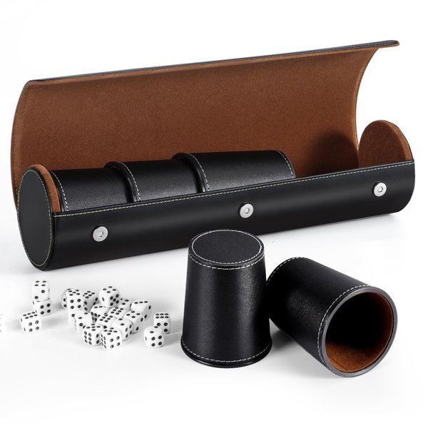 Leather Dice Cup Set, 5 Black Leather Dice Cups + 25 Dice + Exclusive Storage and Transport Case Made of Faux Leather with Magnetic Closure..
