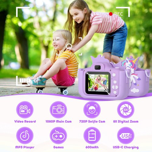 Kids Camera Unicorn Toys for Girls, Digital Camera for Kids Age 3-8 Toddler Travel Toys, Birthday Gift for Girls 3 4 5 6 7 8 Year Old Christmas, HD 1080P Video Camera, 32G SD Card Included (Purple)