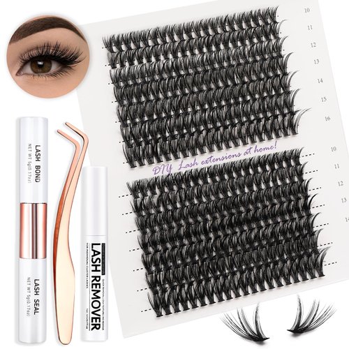Vznffur Lash Extension Kit 280Pcs C Curl Wispy Individual Lash Clusters 10-16MM Cluster Eyelash Extensions with Lash Bond and Seal Lash Tweezers and Lash Remover