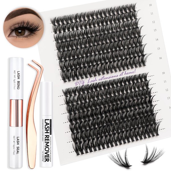 Vznffur Lash Extension Kit 280Pcs C Curl Wispy Individual Lash Clusters 10-16MM Cluster Eyelash Extensions with Lash Bond and Seal Lash Tweezers and Lash Remover