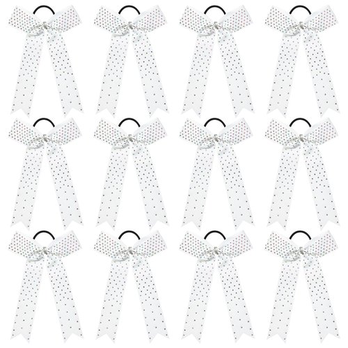 DEEKA 12 PCS Glitter Collegiate Style Cheer Bows Long Tail Full Rhinestones Skinny Shiny Cheer Bow Ponytail Holder Handmade Bows for Girls Teens Cheerleader Sports -White