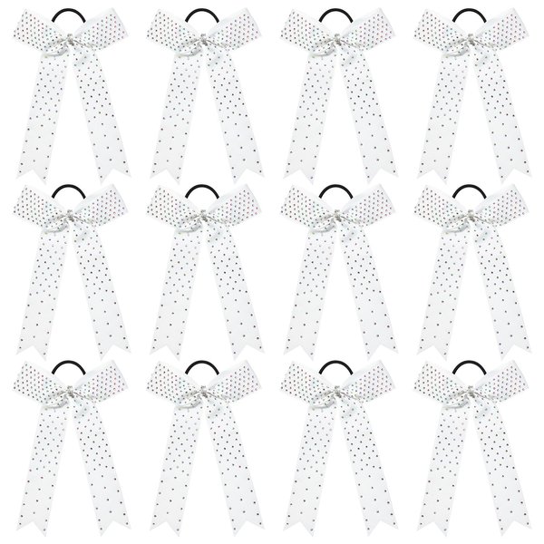 DEEKA 12 PCS Glitter Collegiate Style Cheer Bows Long Tail Full Rhinestones Skinny Shiny Cheer Bow Ponytail Holder Handmade Bows for Girls Teens Cheerleader Sports -White