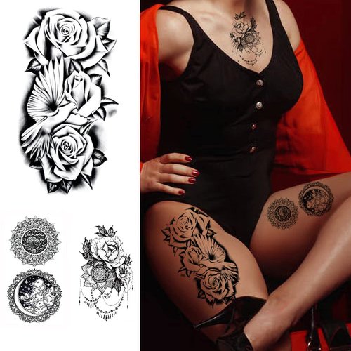 16 Sheets 3D Black Flower Temporary Tattoos for Women Body Arm Neck Waterproof Fake Tattoos Rose Sunflower Moon Tattoo Stickers for Adults Girl