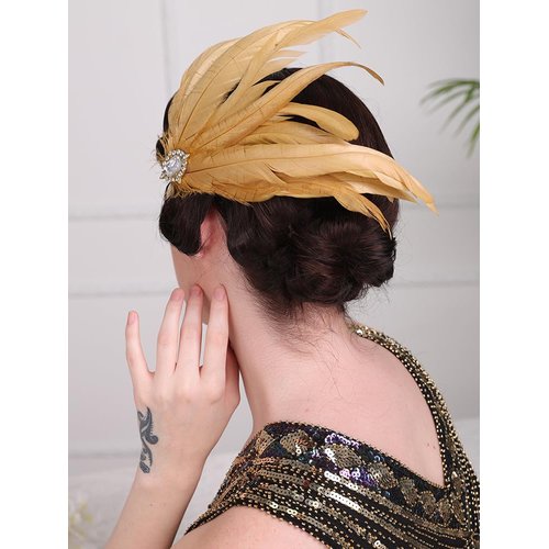 Rumtock Champagne Fascinator Feather Flapper Acessories 1920S Party Jewelry Handmade Hair Accessories with Crystal Beads Hair Clip Jewelry