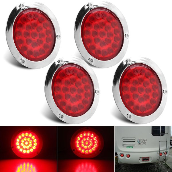 4Pcs 4" Inch Round Led Trailer Tail Lights Red 24 LED Chrome Plastic Flange Mount Waterproof 4" Round Led Stop Turn Brake Tail Trailer Lights Sealed for Truck Trailer RV Boat Jeep UTE UTV 12V