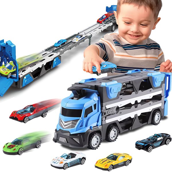 47 Inches Race Track for Ages 3,4,5 Year Old Kids Birthday Gifts Foldable Ejection Race Track Toy Cars for Toddlers 3-4 Years Car Toys Set with 1 Truck&6 Race Cars (Blue)