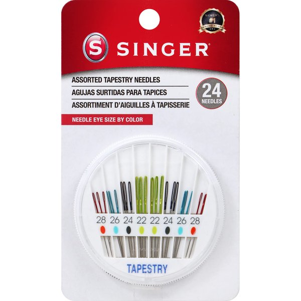 SINGER Tapestry Needles in Dial Compact, Assorted Sized Sewing Needles, Sizes 22, 24, 26, 28, Set of 24