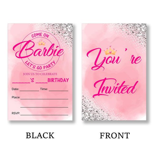 QZJ Pink Girl Birthday Party Invitations Supplies with Envelopes Set of 20 Pink Girls Birthday Party Invites Fill in Blank, Double Sided