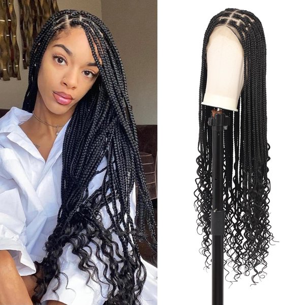 Lexqui 36 inch Braided Wigs for Women 360° Hd Full Lace Braided Wig Knotless Box Braid Wig with Curly End Braid Lace Front Wigs with Baby Hair Human Hair Blended Boho Braided Wig Black