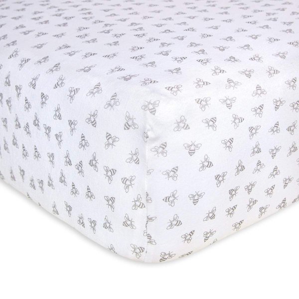 Burts Bees Baby Print Fitted Crib Sheet Organic Cotton BEESNUG - Honey Bee Heather Grey Prints, Fits Unisex Standard Bed and Toddler Mattress, Infant Essentials, 28 x 52 x 5.5 Inch 1-Pack